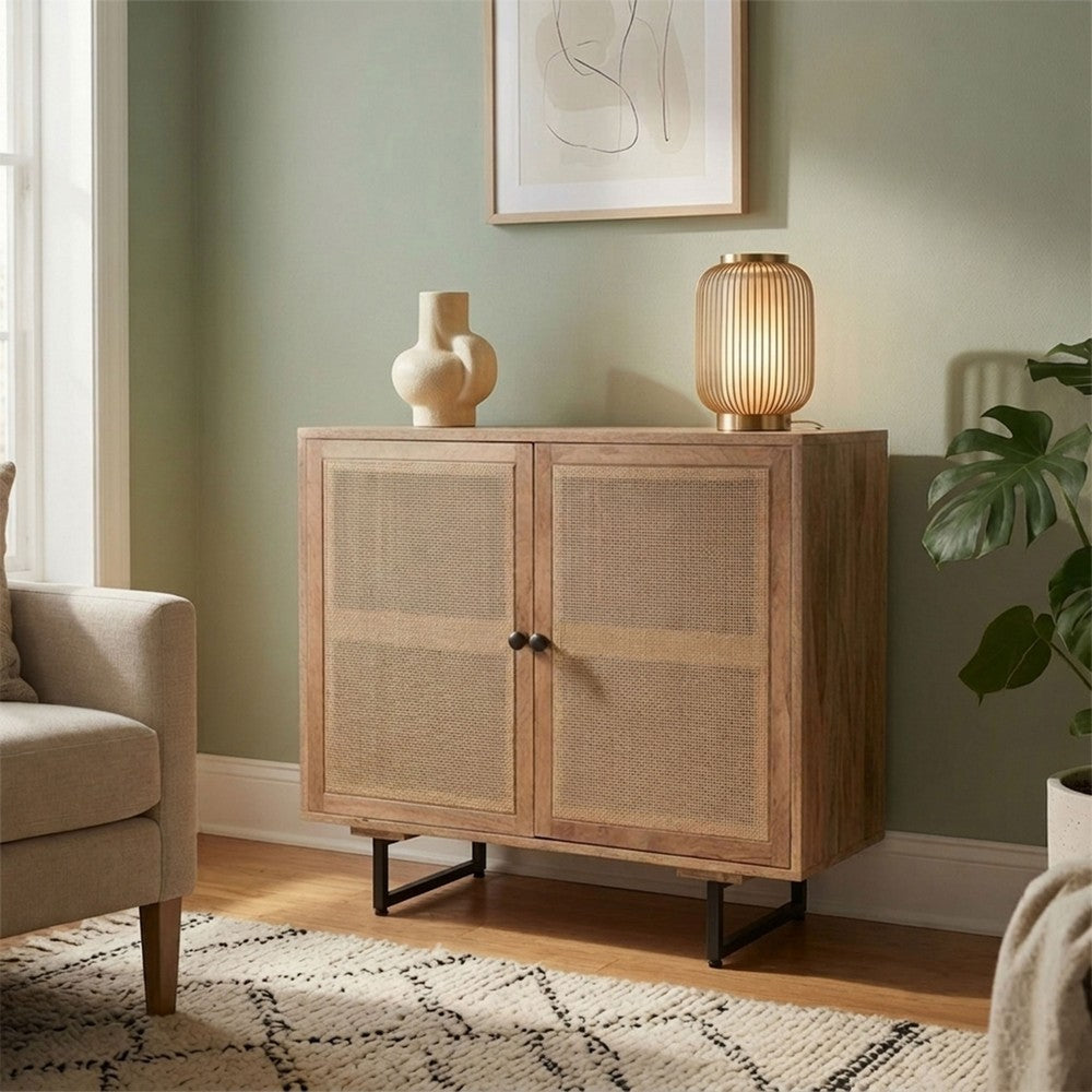 35 Inch Handcrafted Accent Cabinet with 2 Mesh Rattan Doors, Black Iron Legs, Natural Brown Mango Wood Frame  By The Urban Port