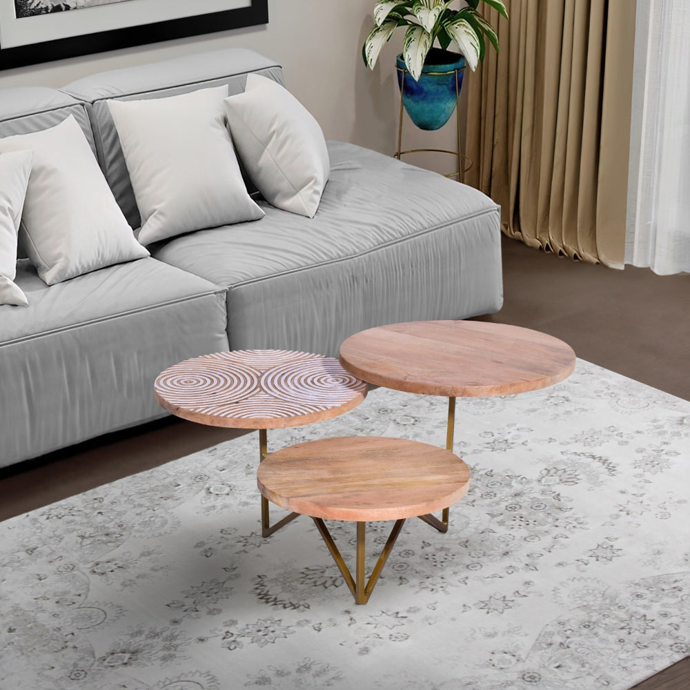 Ally 33 Inch Modern Round Coffee Table 3 Tier Design Washed and Carved Natural Mango Wood Gold Frame By The Urban Port UPT-272537