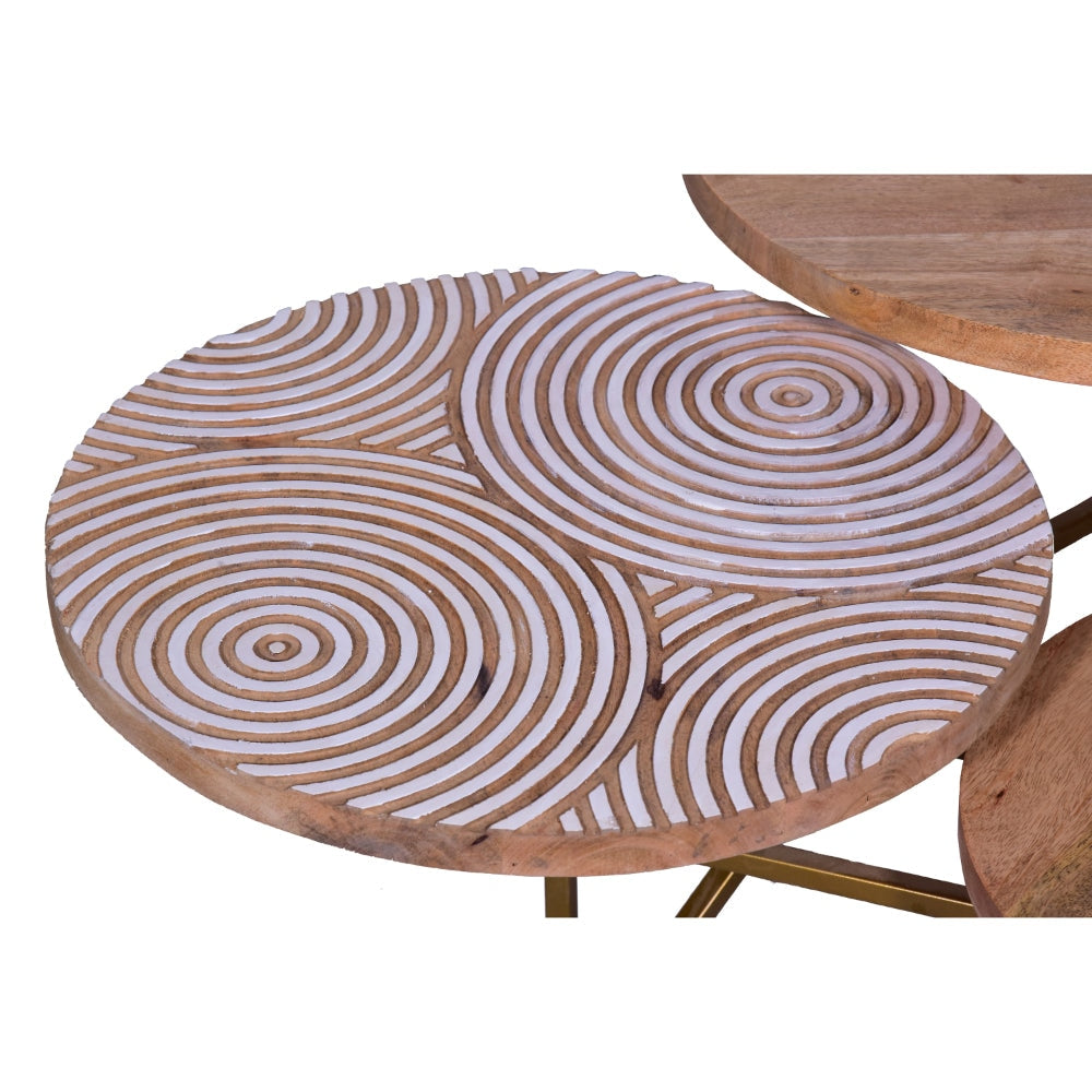 Ally 33 Inch Modern Round Coffee Table 3 Tier Design Washed and Carved Natural Mango Wood Gold Frame By The Urban Port UPT-272537
