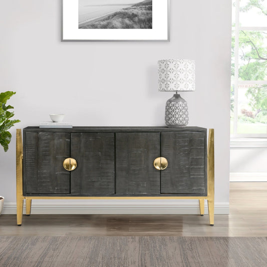 Tali 48 Inch Accent Sideboard Buffet Cabinet, 2 Doors with Gold Round Handles, Saw Marked, Charcoal Gray Acacia Wood By The Urban Port