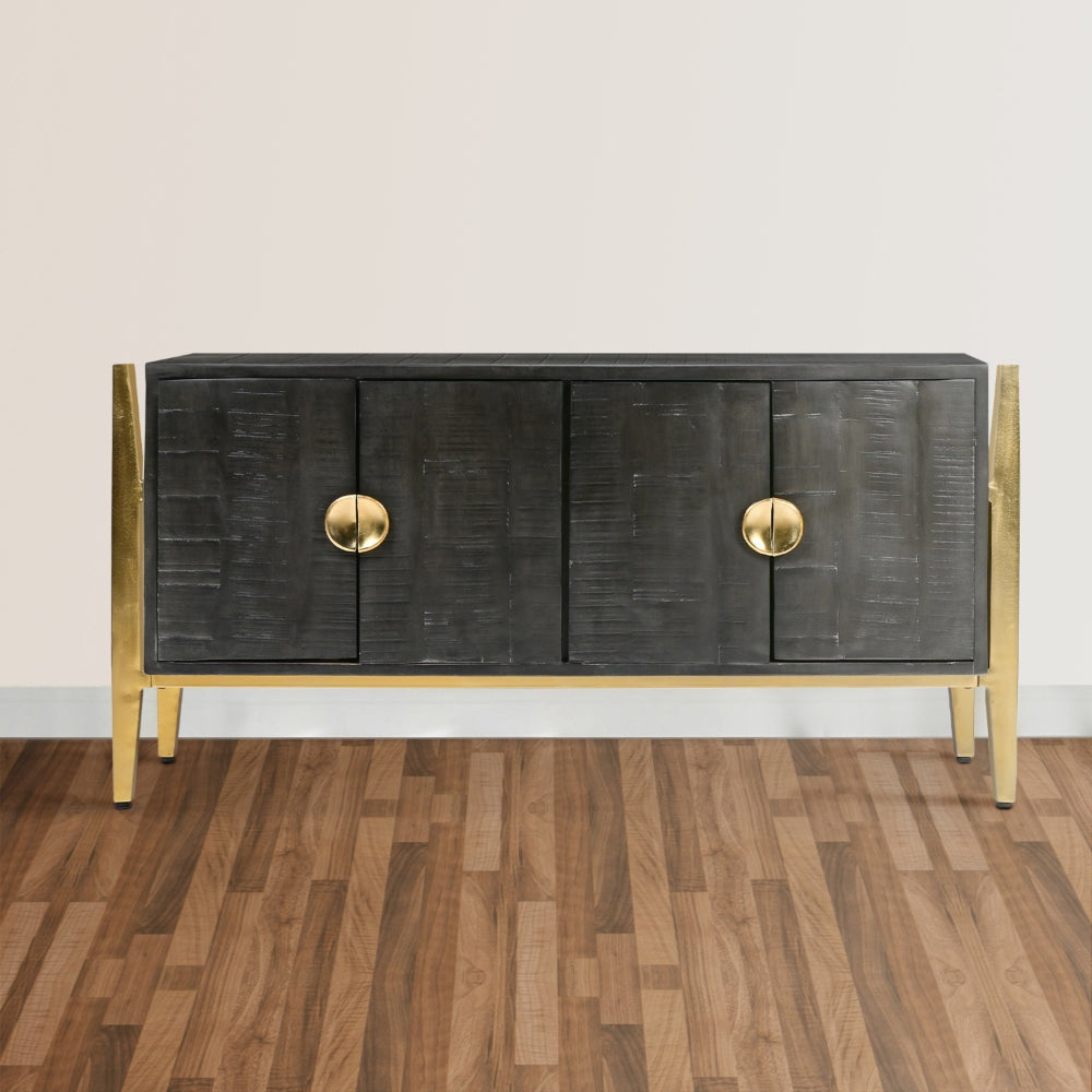 Tali 48 Inch Accent Sideboard Buffet Cabinet 2 Doors with Gold Round Handles Saw Marked Charcoal Gray Acacia Wood By The Urban Port