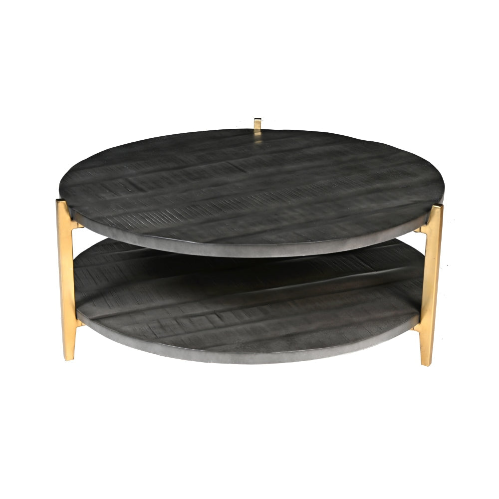 Tali 37 Inch Handcrafted Round Coffee Table 2 Tier Charcoal Gray Acacia Wood Sleek Gold Metal Legs By The Urban Port UPT-272890