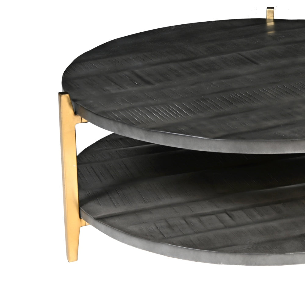 Tali 37 Inch Handcrafted Round Coffee Table 2 Tier Charcoal Gray Acacia Wood Sleek Gold Metal Legs By The Urban Port UPT-272890