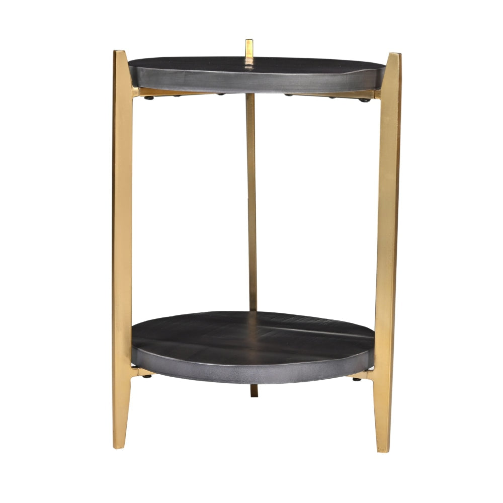 Tali 16 Inch Handcrafted Round Side End Table 2 Tier Charcoal Gray Acacia Wood Sleek Gold Metal Legs By The Urban Port UPT-272891