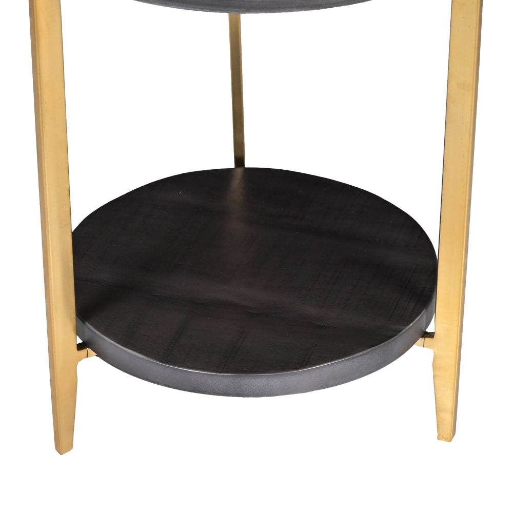 Tali 16 Inch Handcrafted Round Side End Table 2 Tier Charcoal Gray Acacia Wood Sleek Gold Metal Legs By The Urban Port UPT-272891