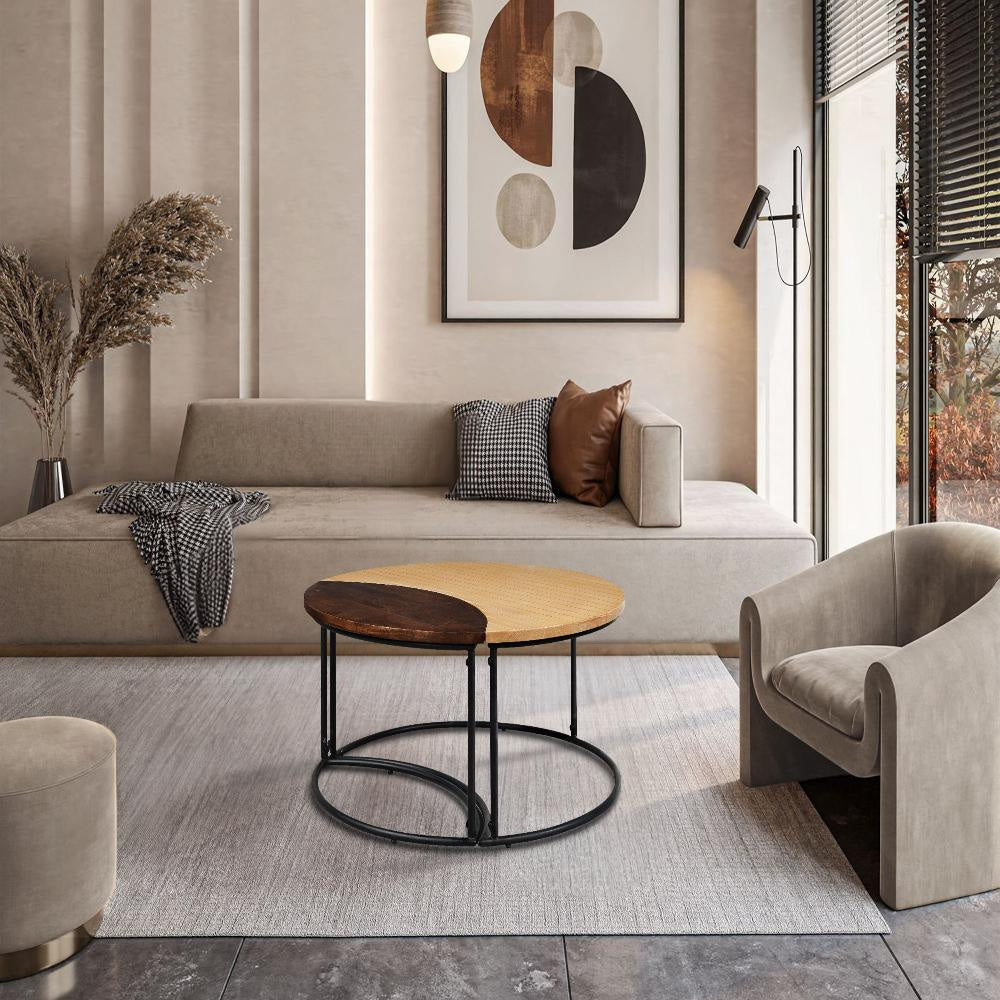 35" Round 2 Piece Coffee Table | Black Iron Frame | 2 Tone Mango Wood Top - Natural Brown and Walnut By The Urban Port