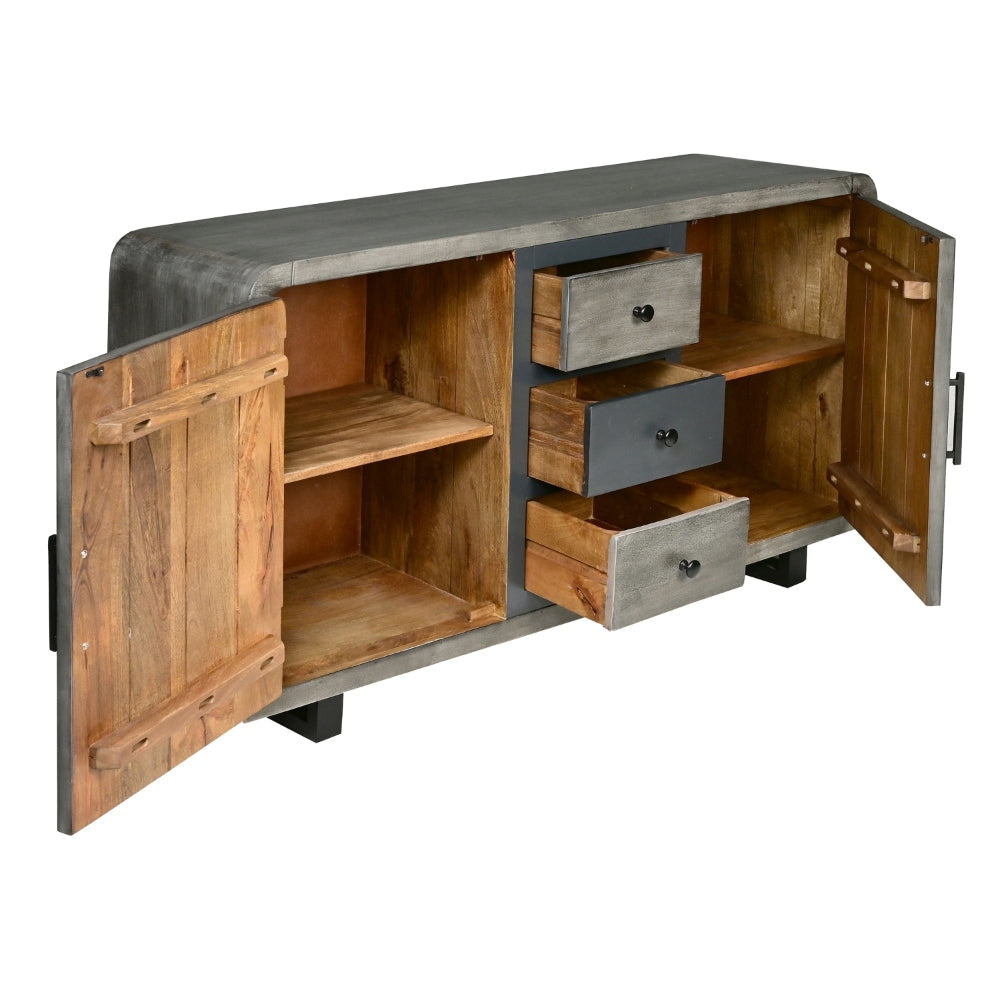 55 Inch Industrial Style Sideboard Console with 2 Cabinets Iron Handles Matte Gray Mango Wood The Urban Port UPT-272895