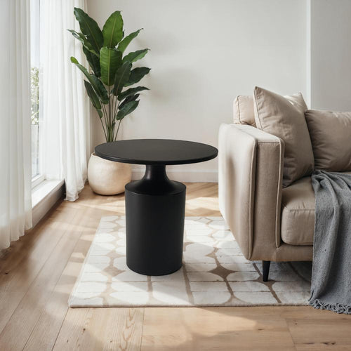 Zoe 20 Inch Modern Round Iron Side Table with Pedestal Base, Matte Black By The Urban Port
