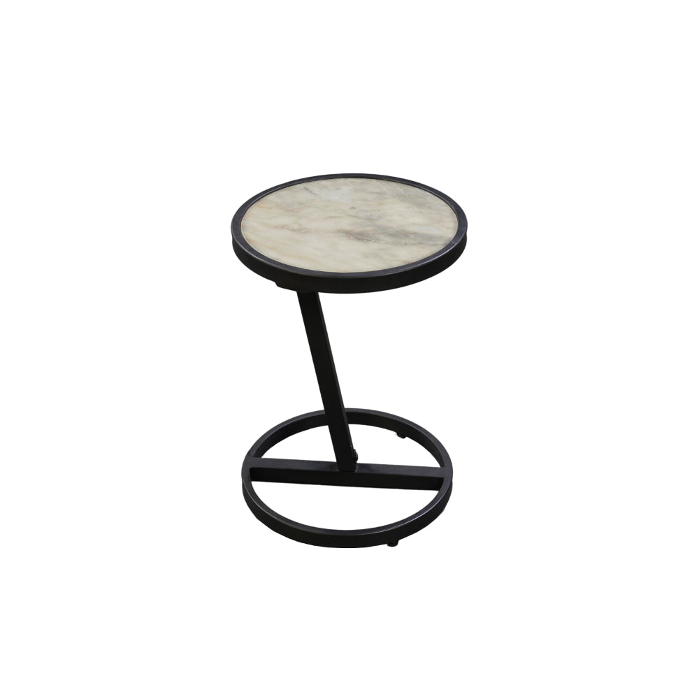 Beri 17 Inch Side End Table, Round White Natural Marble Top, Classic Black Angled Iron Frame The Urban Port