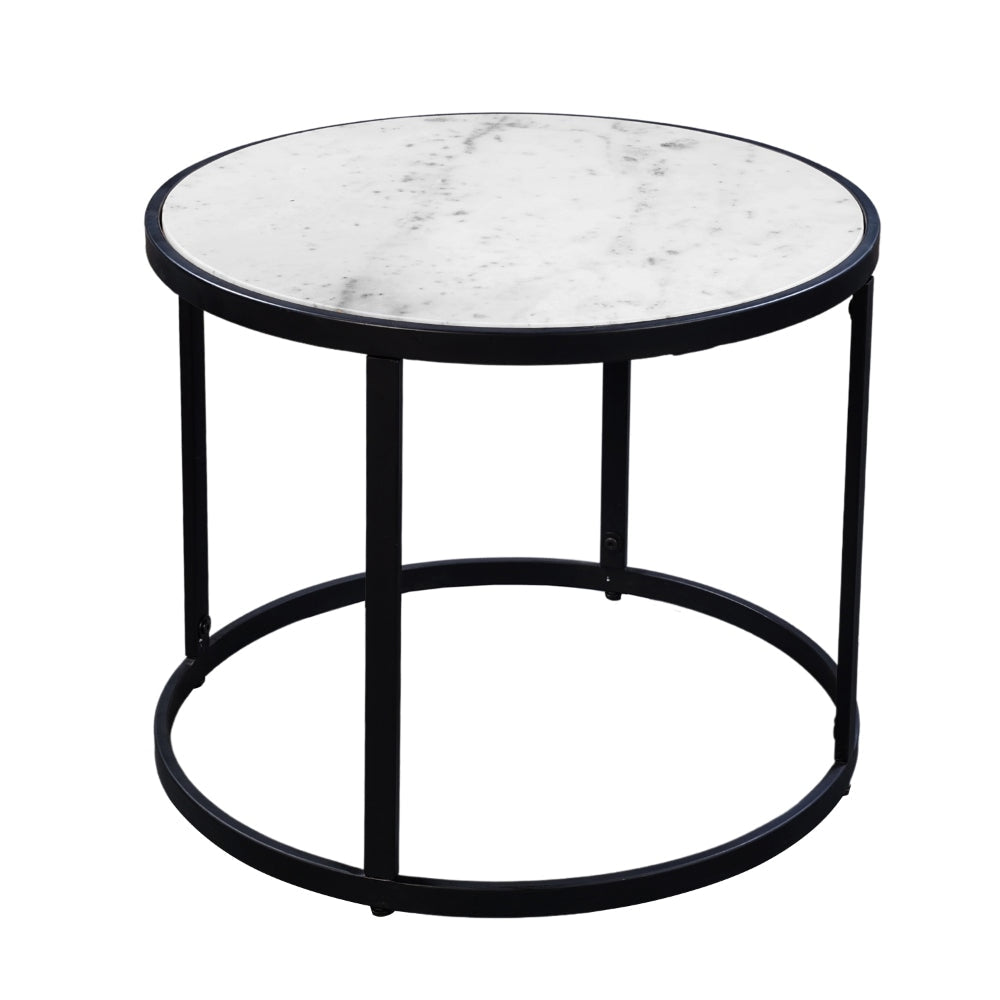 23 Inch Side End Table Modern Round White Natural Marble Top Classic Black Iron Frame The Urban Port UPT-273475