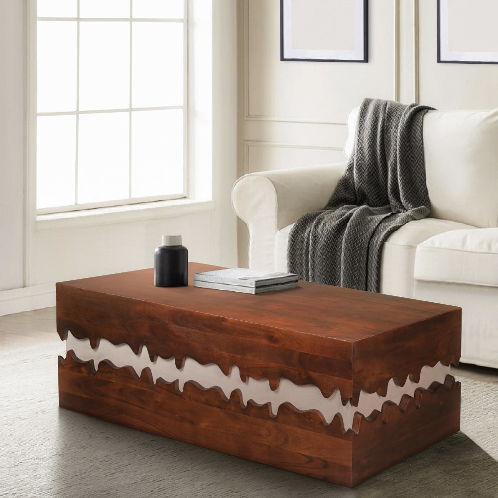 Allen 45 Inch Acacia Wood Coffee Table, Artistic Wavy Design, Walnut Brown and Off White By The Urban Port