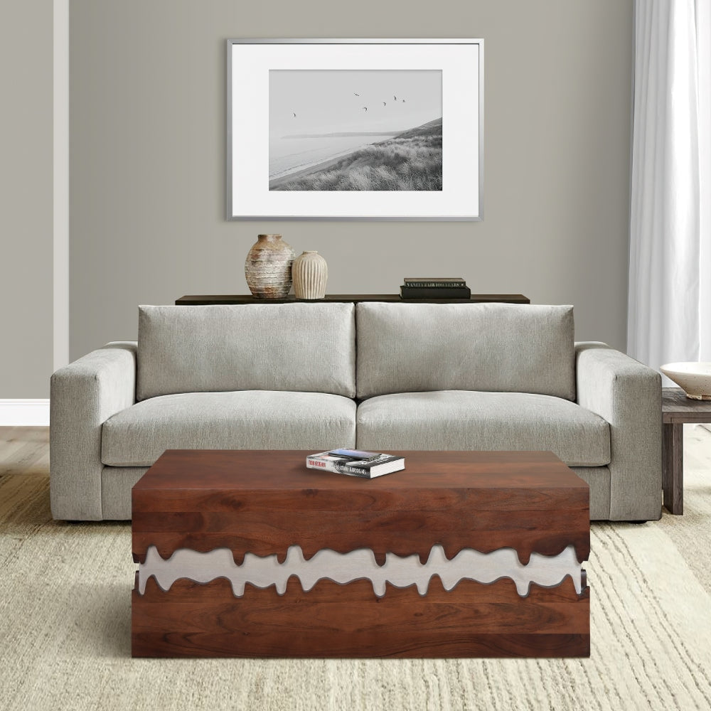Allen 45 Inch Acacia Wood Coffee Table Artistic Wavy Design Walnut Brown and Off White By The Urban Port UPT-274768