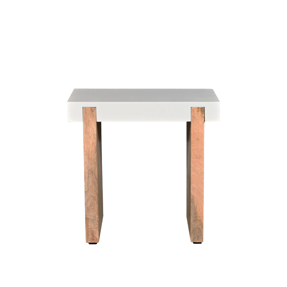 Kerry 20 Inch Rectangular End Side Table, Mango Wood, Sled Base, Glossy White, Natural Brown By The Urban Port