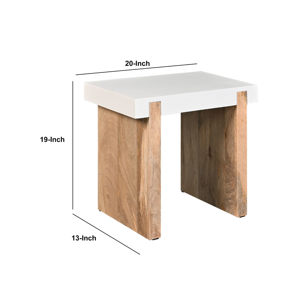 Kerry 20 Inch Rectangular End Side Table, Mango Wood, Sled Base, Glossy White, Natural Brown By The Urban Port