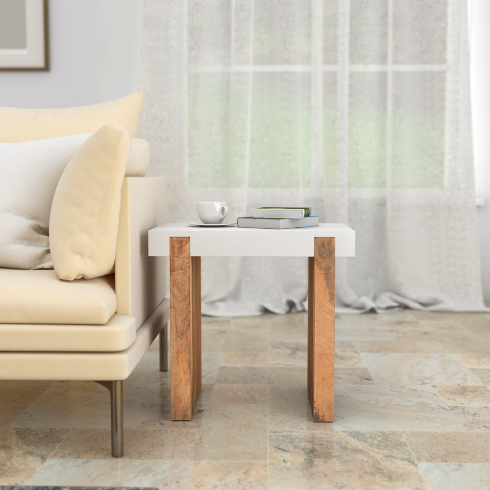 Kerry 20 Inch Rectangular End Side Table, Mango Wood, Sled Base, Glossy White, Natural Brown By The Urban Port