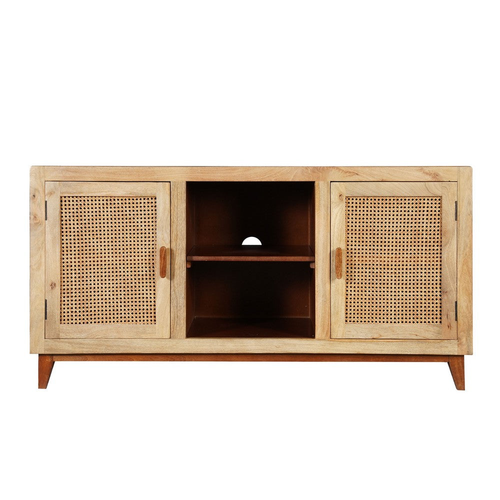 Aru 58 Inch Sideboard Buffet Cabinet | 2 Cane Doors n Open Shelves | 2 Tone Antique Brown Mango Wood By The Urban Port