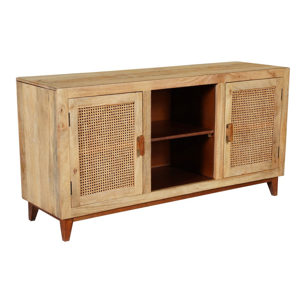 Aru 58 Inch Sideboard Buffet Cabinet | 2 Cane Doors n Open Shelves | 2 Tone Antique Brown Mango Wood By The Urban Port