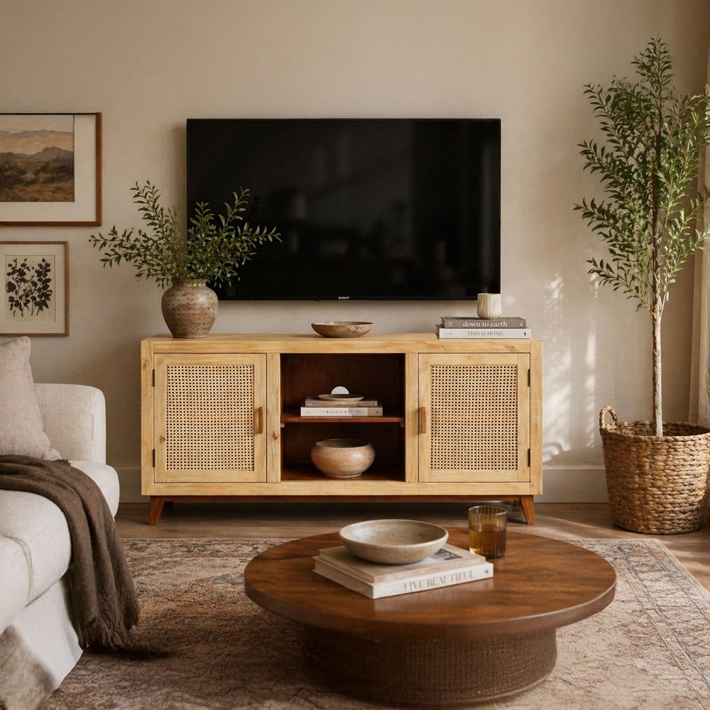 Aru 58 Inch Sideboard Buffet Cabinet | 2 Cane Doors n Open Shelves | 2 Tone Antique Brown Mango Wood By The Urban Port