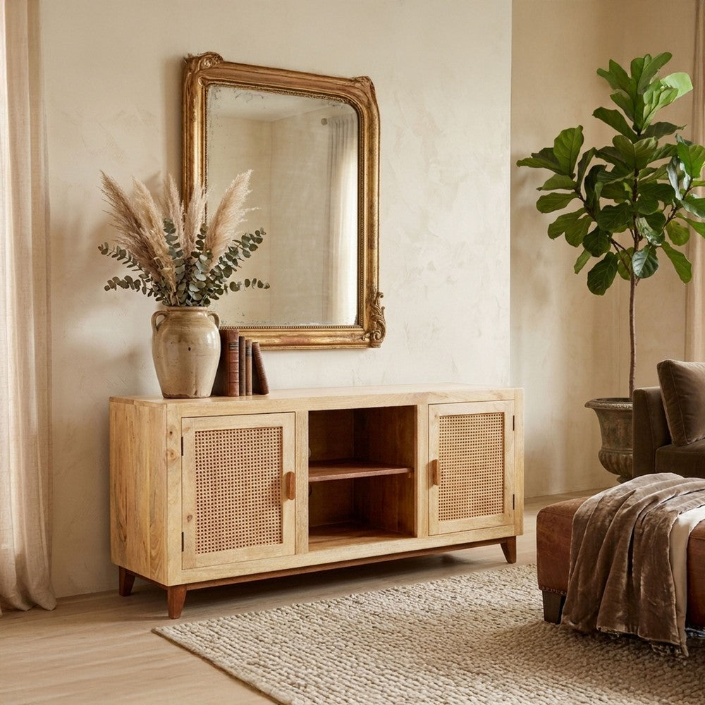 Aru 58 Inch Sideboard Buffet Cabinet | 2 Cane Doors n Open Shelves | 2 Tone Antique Brown Mango Wood By The Urban Port
