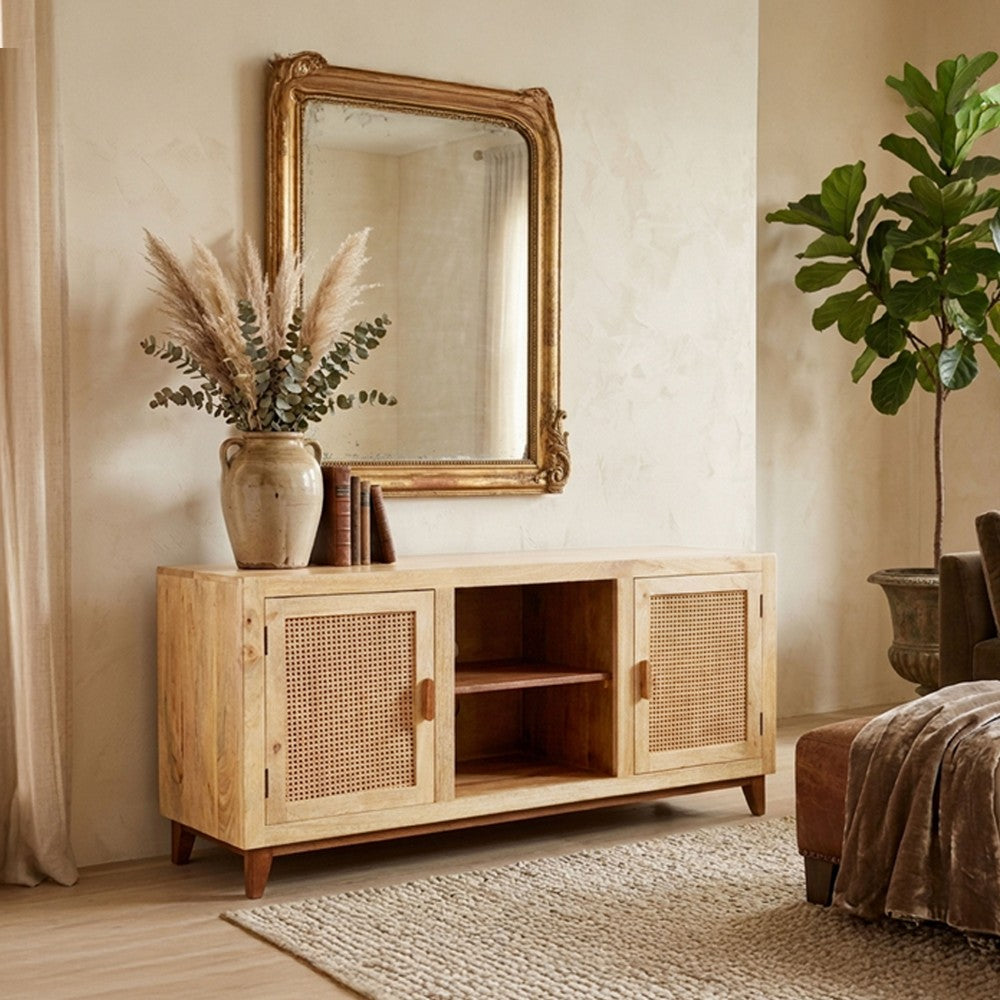 Aru 58 Inch Sideboard Buffet Cabinet | 2 Cane Doors n Open Shelves | 2 Tone Antique Brown Mango Wood By The Urban Port