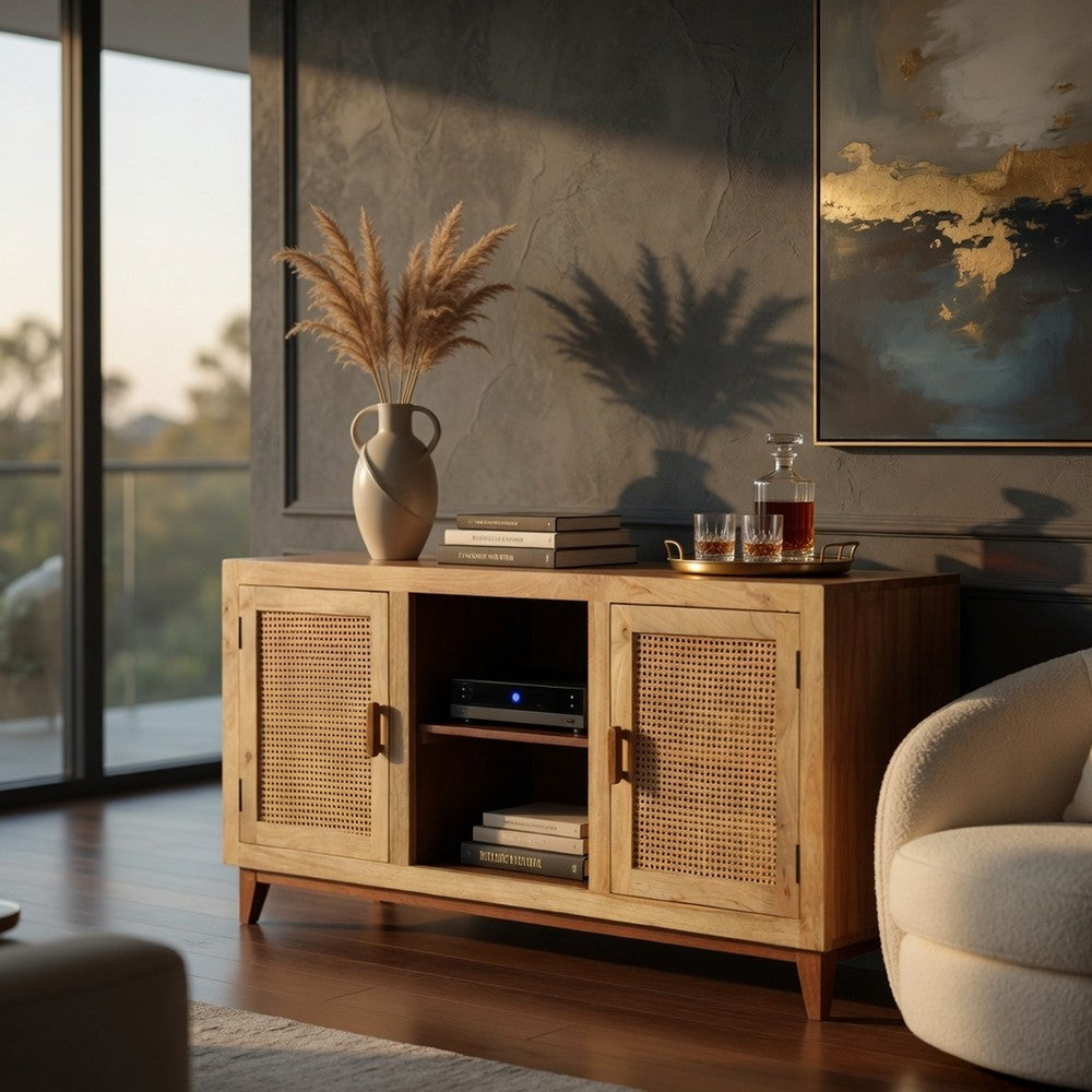 Aru 58 Inch Sideboard Buffet Cabinet | 2 Cane Doors n Open Shelves | 2 Tone Antique Brown Mango Wood By The Urban Port