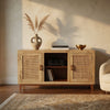 Aru 58 Inch Sideboard Buffet Cabinet | 2 Cane Doors n Open Shelves | 2 Tone Antique Brown Mango Wood By The Urban Port