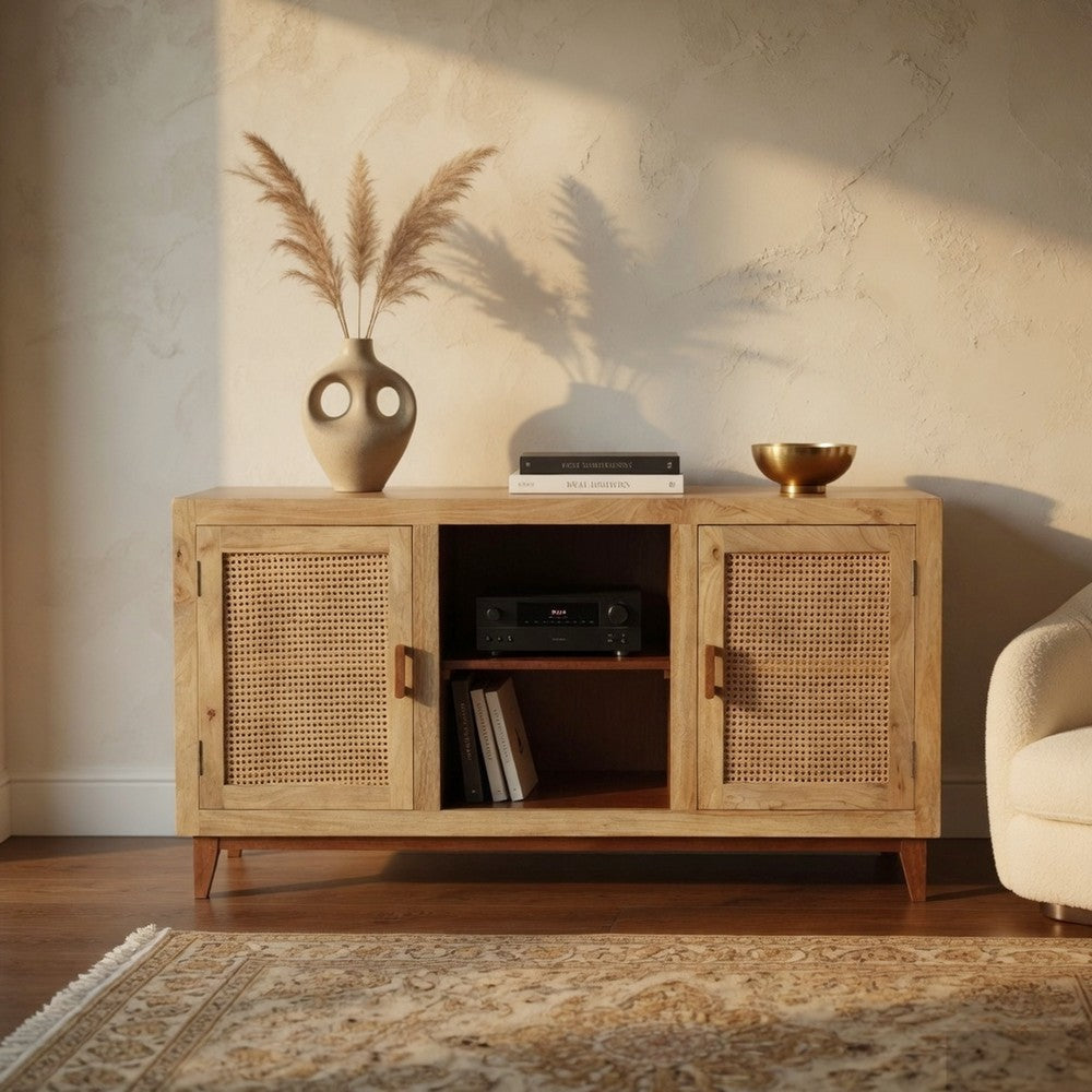 Aru 58 Inch Sideboard Buffet Cabinet | 2 Cane Doors n Open Shelves | 2 Tone Antique Brown Mango Wood By The Urban Port