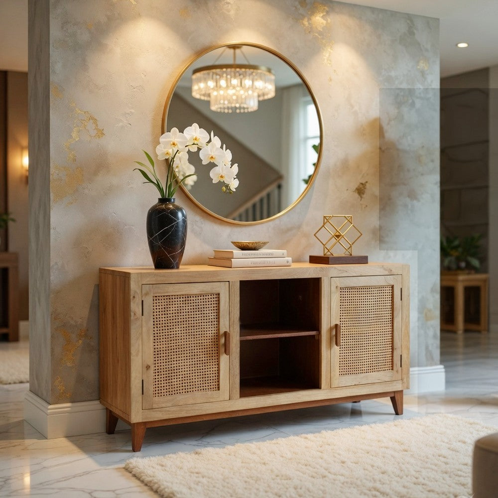 Aru 58 Inch Sideboard Buffet Cabinet | 2 Cane Doors n Open Shelves | 2 Tone Antique Brown Mango Wood By The Urban Port