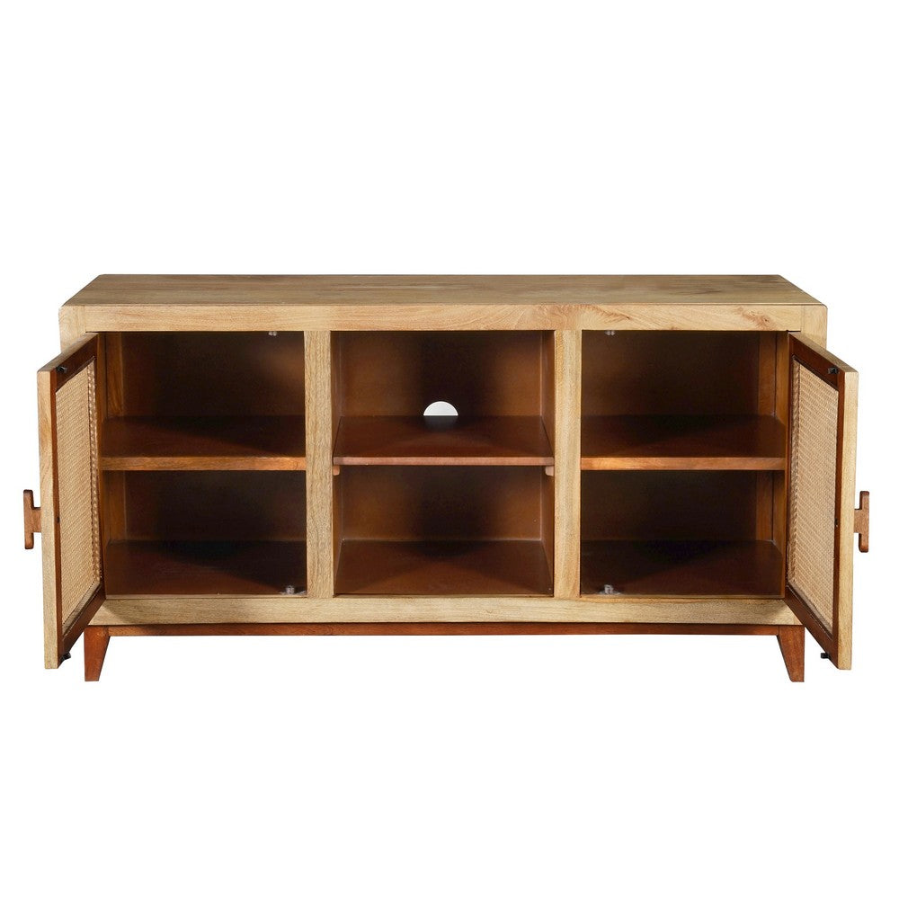 Aru 58 Inch Sideboard Buffet Cabinet | 2 Cane Doors n Open Shelves | 2 Tone Antique Brown Mango Wood By The Urban Port