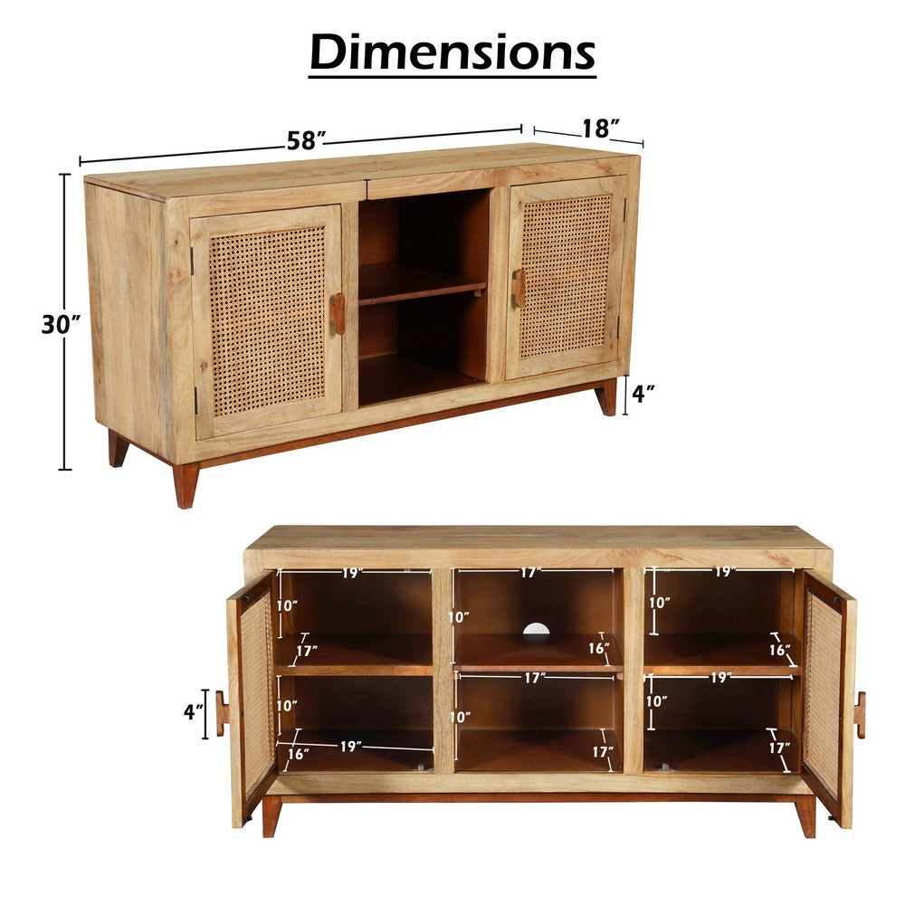 Aru 58 Inch Sideboard Buffet Cabinet | 2 Cane Doors n Open Shelves | 2 Tone Antique Brown Mango Wood By The Urban Port