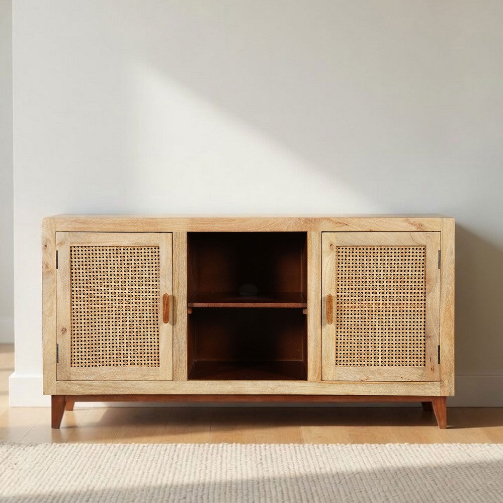 Aru 58 Inch Sideboard Buffet Cabinet | 2 Cane Doors n Open Shelves | 2 Tone Antique Brown Mango Wood By The Urban Port