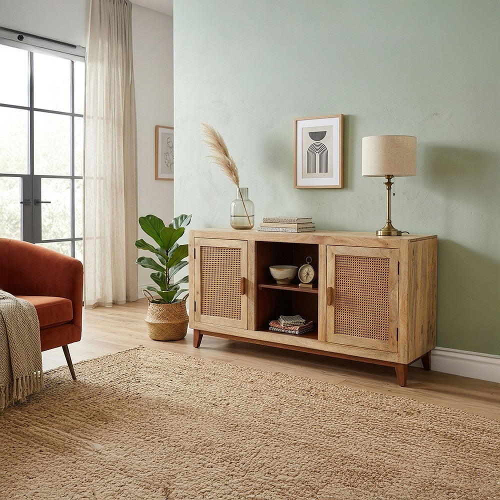 Aru 58 Inch Sideboard Buffet Cabinet | 2 Cane Doors n Open Shelves | 2 Tone Antique Brown Mango Wood By The Urban Port