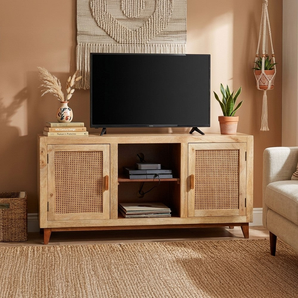 Aru 58 Inch Sideboard Buffet Cabinet | 2 Cane Doors n Open Shelves | 2 Tone Antique Brown Mango Wood By The Urban Port
