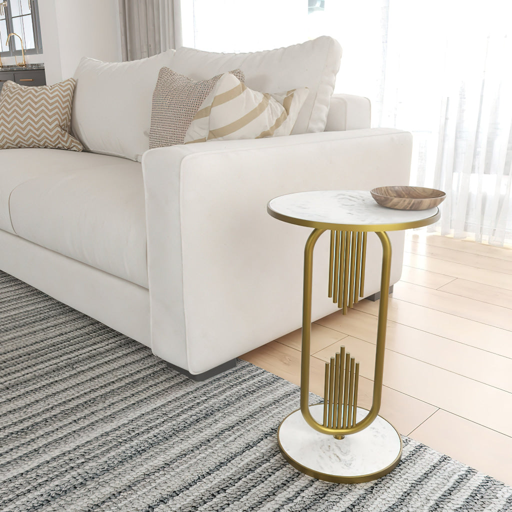 Soho Side End Table with Round Marble Top Gold Oblong Frame 21-Inch Height The Urban Port UPT-276370