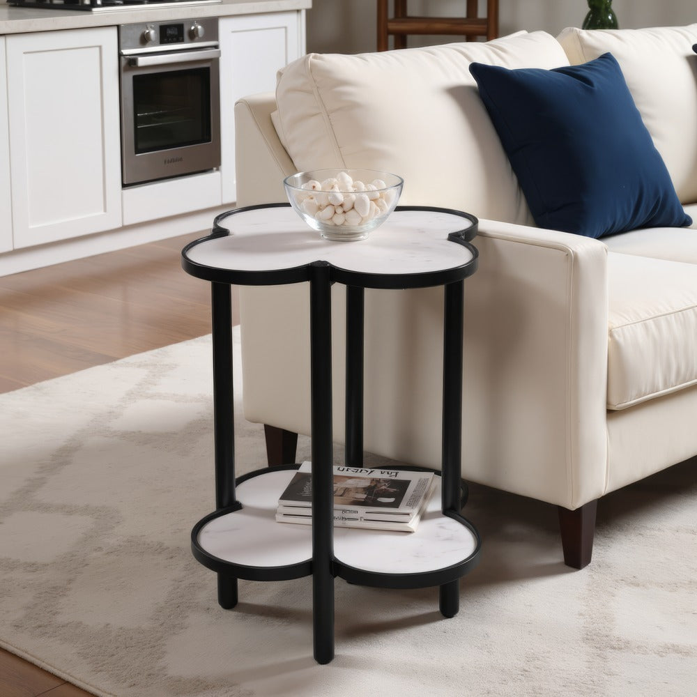 Chloe Side End Table White Genuine Marble Clover Shape Top With Black Iron Frame By The Urban Port UPT-276372