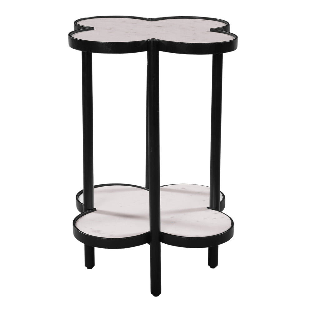 Side End Table White Genuine Marble Clover Shape Top and Bottom Shelf Black Iron Frame UPT-276372 UPT-276372