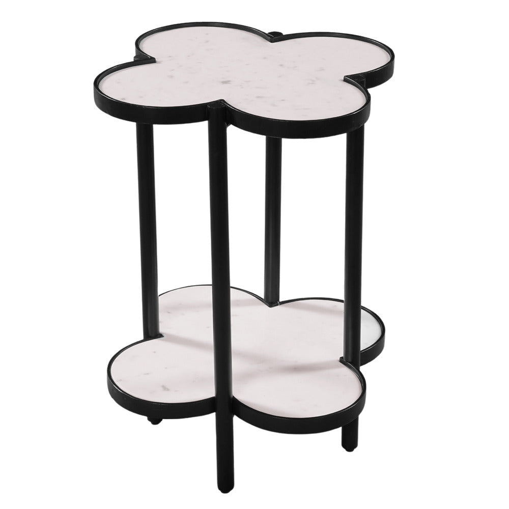 Chloe Side End Table White Genuine Marble Clover Shape Top With Black Iron Frame By The Urban Port UPT-276372