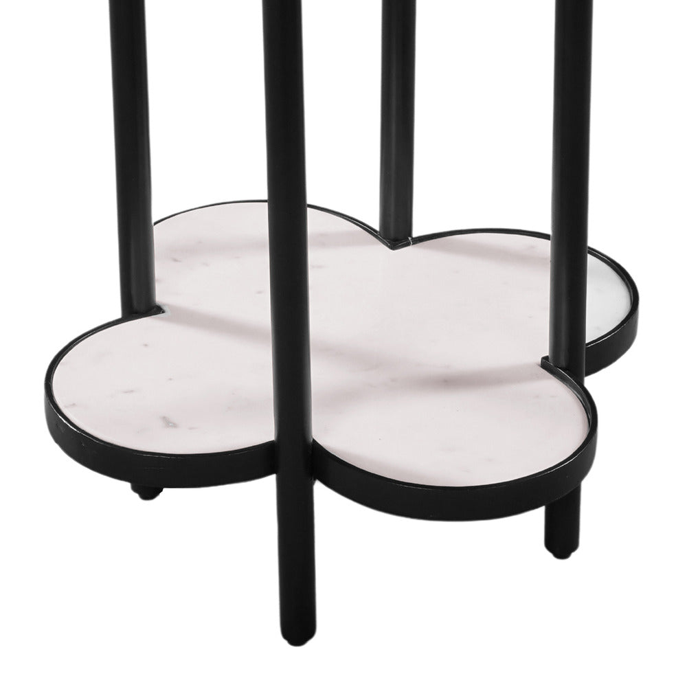 Side End Table White Genuine Marble Clover Shape Top and Bottom Shelf Black Iron Frame UPT-276372 UPT-276372