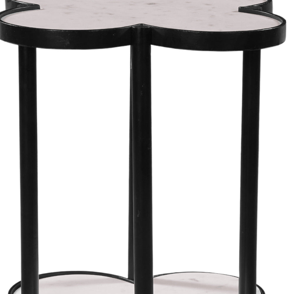 Side End Table White Genuine Marble Clover Shape Top and Bottom Shelf Black Iron Frame UPT-276372 UPT-276372