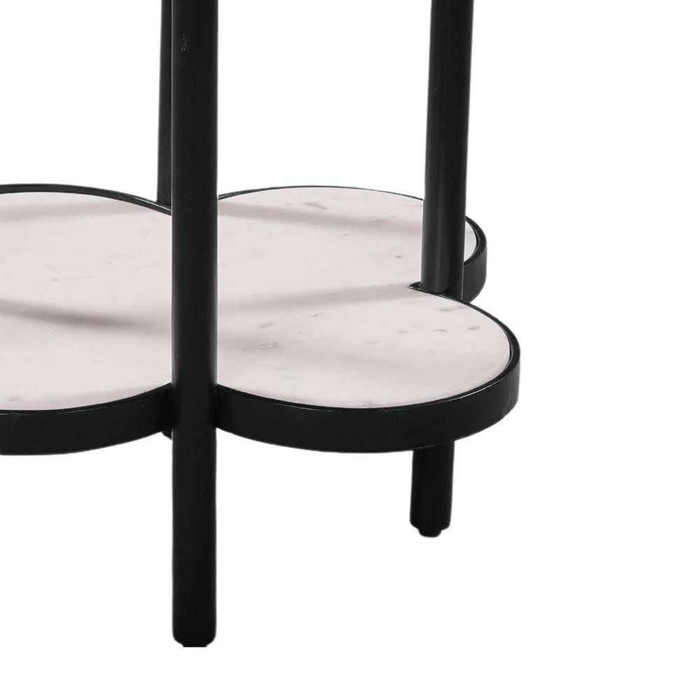 Side End Table White Genuine Marble Clover Shape Top and Bottom Shelf Black Iron Frame UPT-276372 UPT-276372