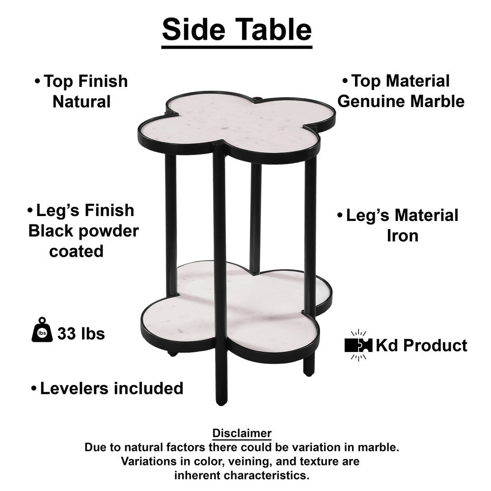 Side End Table White Genuine Marble Clover Shape Top and Bottom Shelf Black Iron Frame UPT-276372 UPT-276372