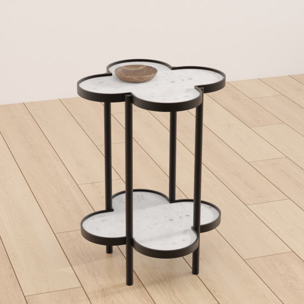 Chloe Side End Table White Genuine Marble Clover Shape Top With Black Iron Frame By The Urban Port UPT-276372