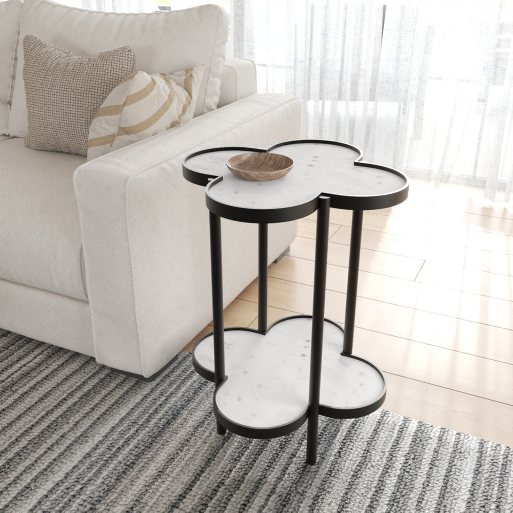 Chloe Side End Table White Genuine Marble Clover Shape Top With Black Iron Frame By The Urban Port UPT-276372