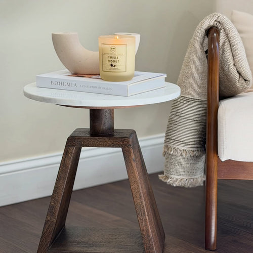 Port Blair Side End Table, Round White Genuine Marble Top with Handcrafted Mango Wood 16.5 Inch