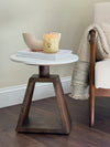 Port Blair Side End Table, Round White Genuine Marble Top with Handcrafted Mango Wood 16.5 Inch