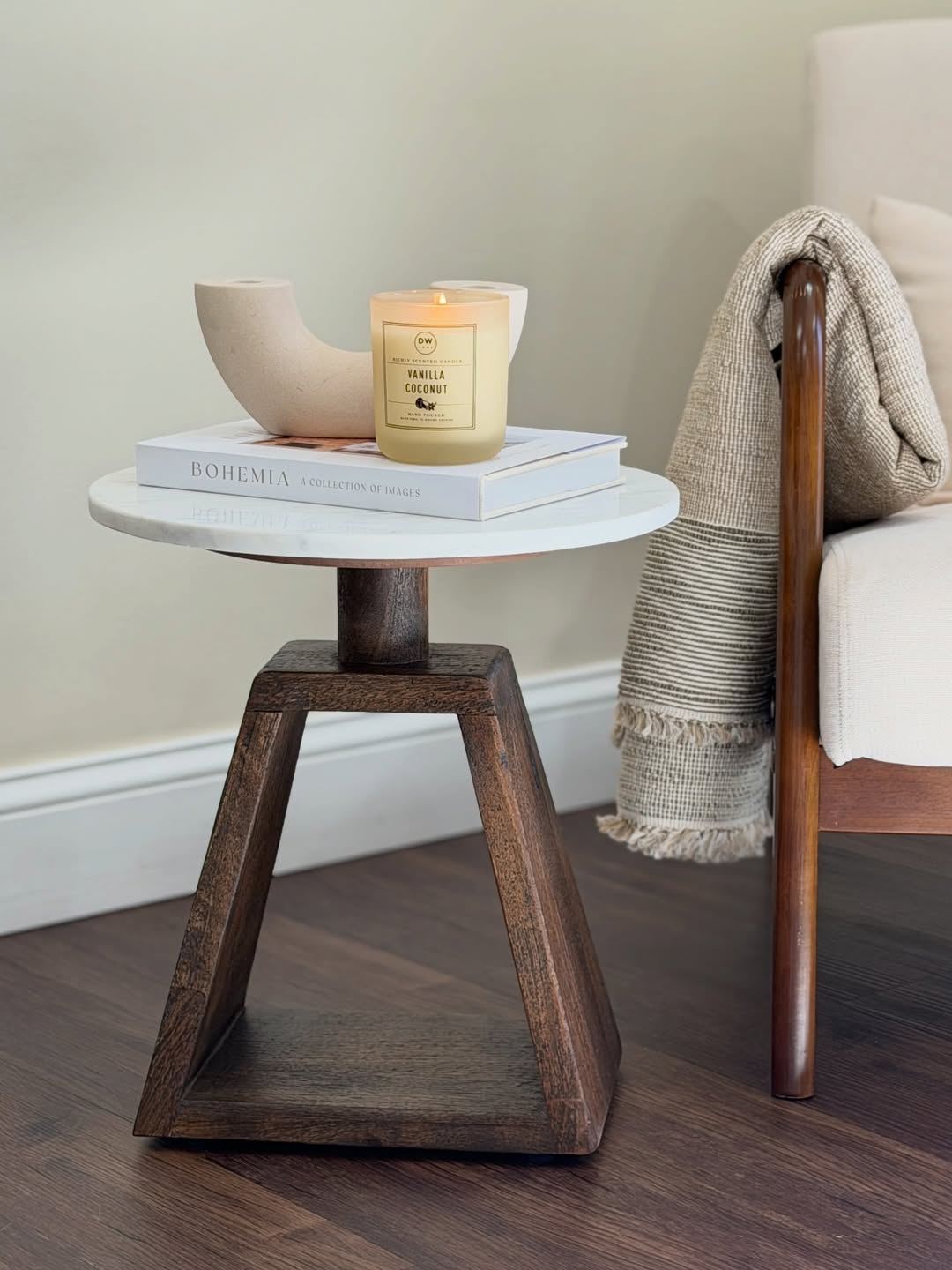 Port Blair Side End Table, Round White Genuine Marble Top with Handcrafted Mango Wood 16.5 Inch