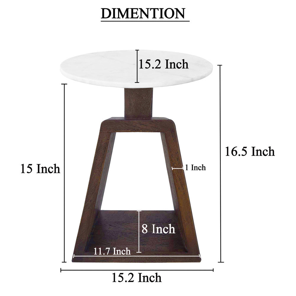 Port Blair Side End Table Round White Genuine Marble Top with Handcrafted Mango Wood 16.5 Inch UPT-276373