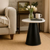 Riko Side End Table, White Natural Marble 18 Inch Round Top, Modern Black Pedestal Base By The Urban Port