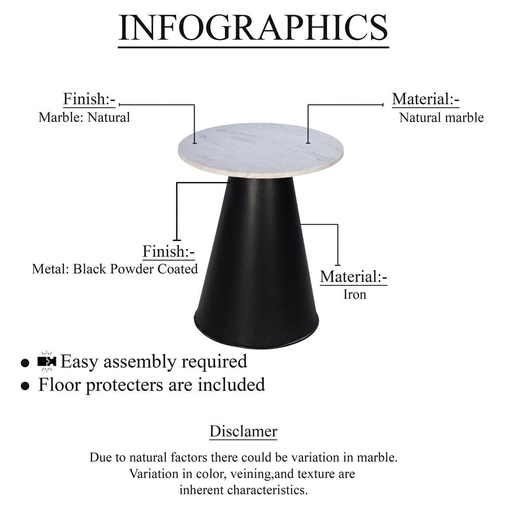 Riko Side End Table White Natural Marble 18 Inch Round Top Modern Black Pedestal Base By The Urban Port UPT-276374