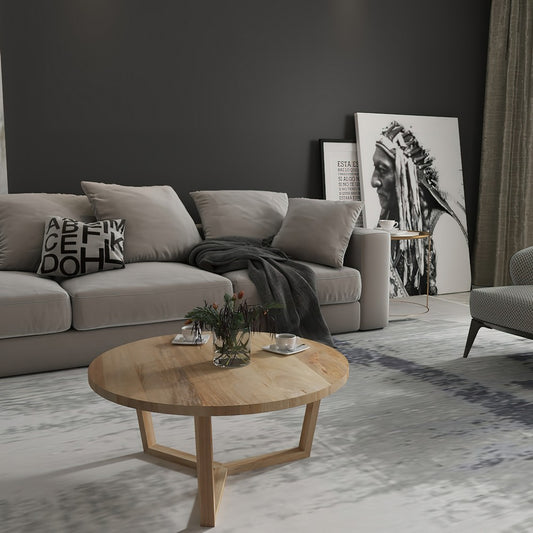 Nina 30 inch Round Mango Wood Coffee Table - Handcrafted Natural Brown, Sturdy 3-Leg Sled Base By The Urban Port